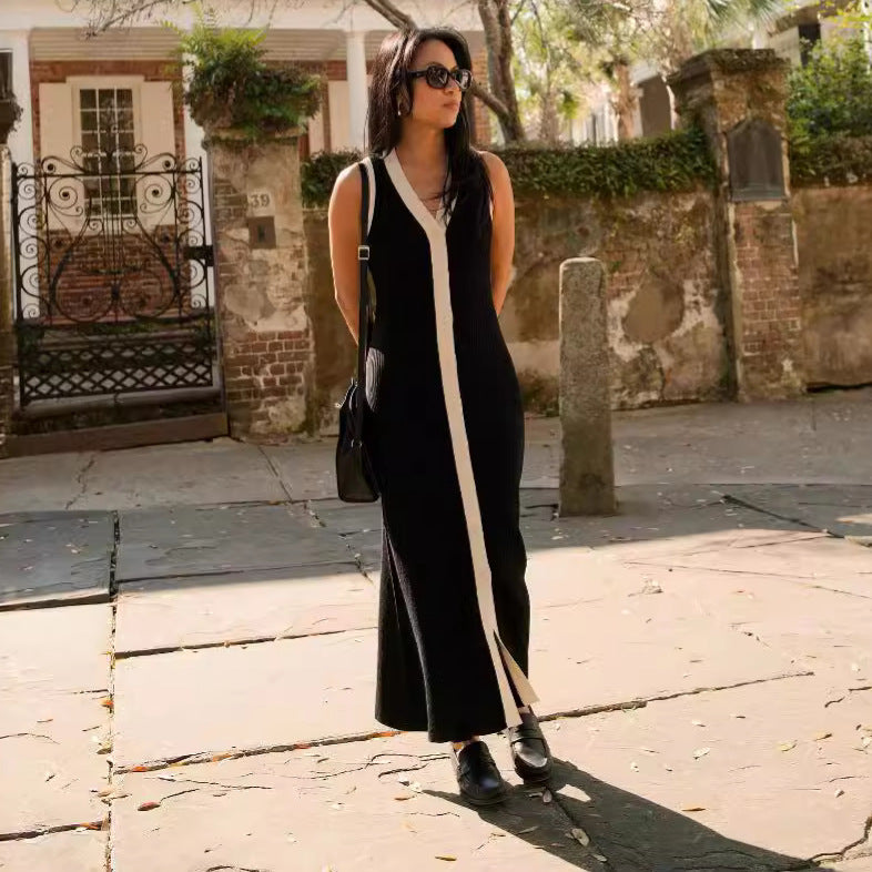 Damen Elegantes Maxikleid mit modernem V-Ausschnitt und asymmetrischem Saum EB