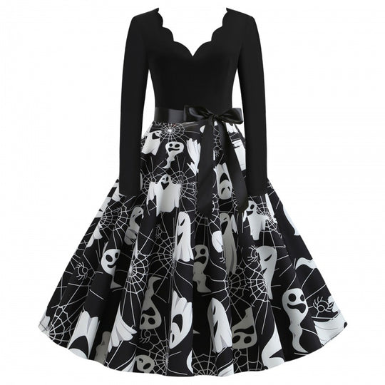 Damen Swingkleid mit wellenförmigem Ausschnitt, langärmligem Oberteil und Geister-Print mit Taillenschleife EB