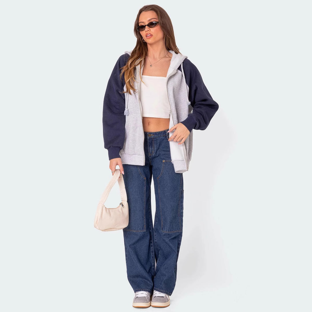 Damen Weit geschnittene Utility-Jeans mit praktischen Taschen und hohem Bund EB