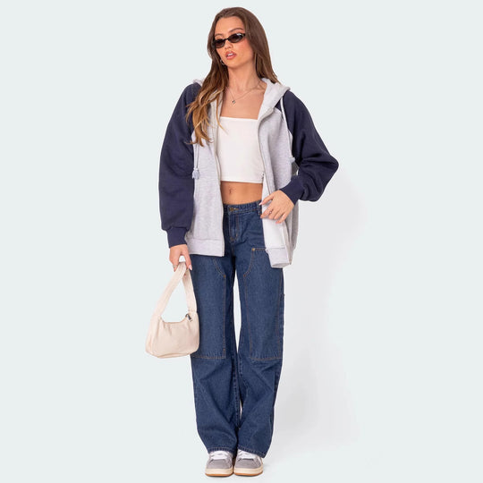 Damen Weit geschnittene Utility-Jeans mit praktischen Taschen und hohem Bund EB