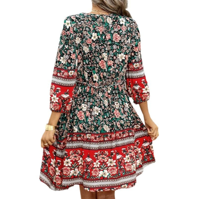 Damen Elegantes Blumenkleid mit V-Ausschnitt und elastischem Bund EB