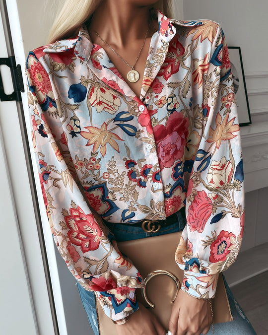 Damen elegante Bluse mit floralem Muster und modernen Puffärmeln EB
