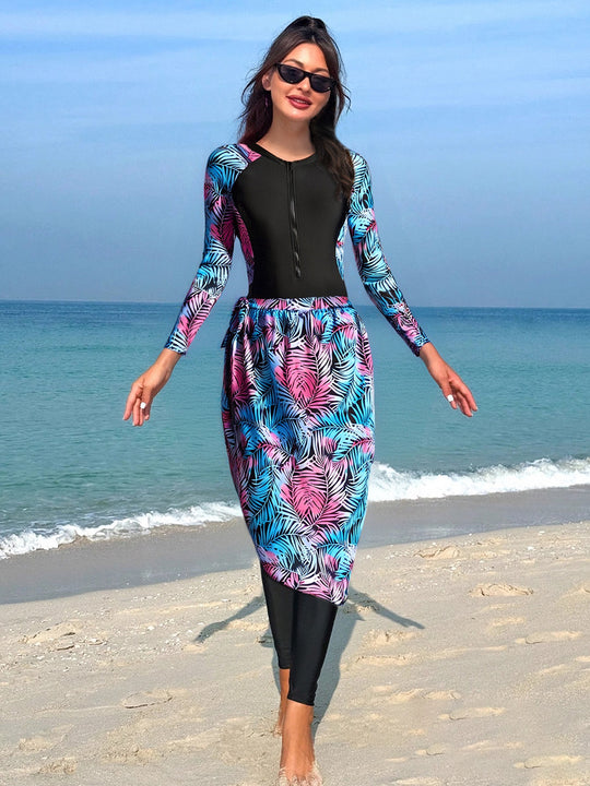 Damen Modischer UV-Schutz-Schwimmanzug mit langen Ärmeln und elegantem Rock EB