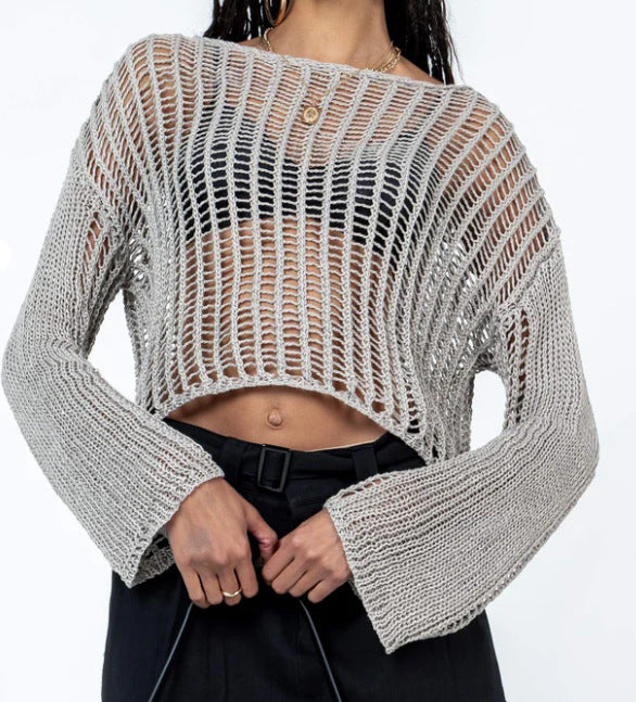 Damen luftiges Cropped Strickoberteil mit weit geschnittenen Ärmeln EB