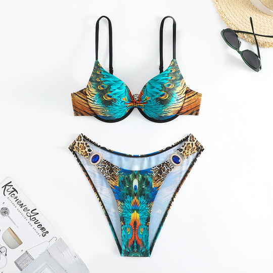 Damen Push-Up-Bikini mit exotischem Tierdruck und eleganten Verzierungen EB