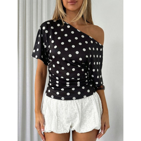 Damen Off-Shoulder Oberteil mit Punkten und voluminösen Ärmeln EB