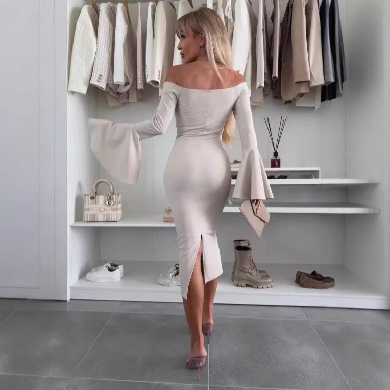 Damen Elegantes Langarmkleid mit weiten Ärmeln und Schlitz EB