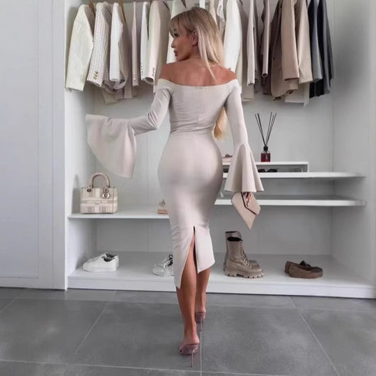 Damen Elegantes Langarmkleid mit weiten Ärmeln und Schlitz EB