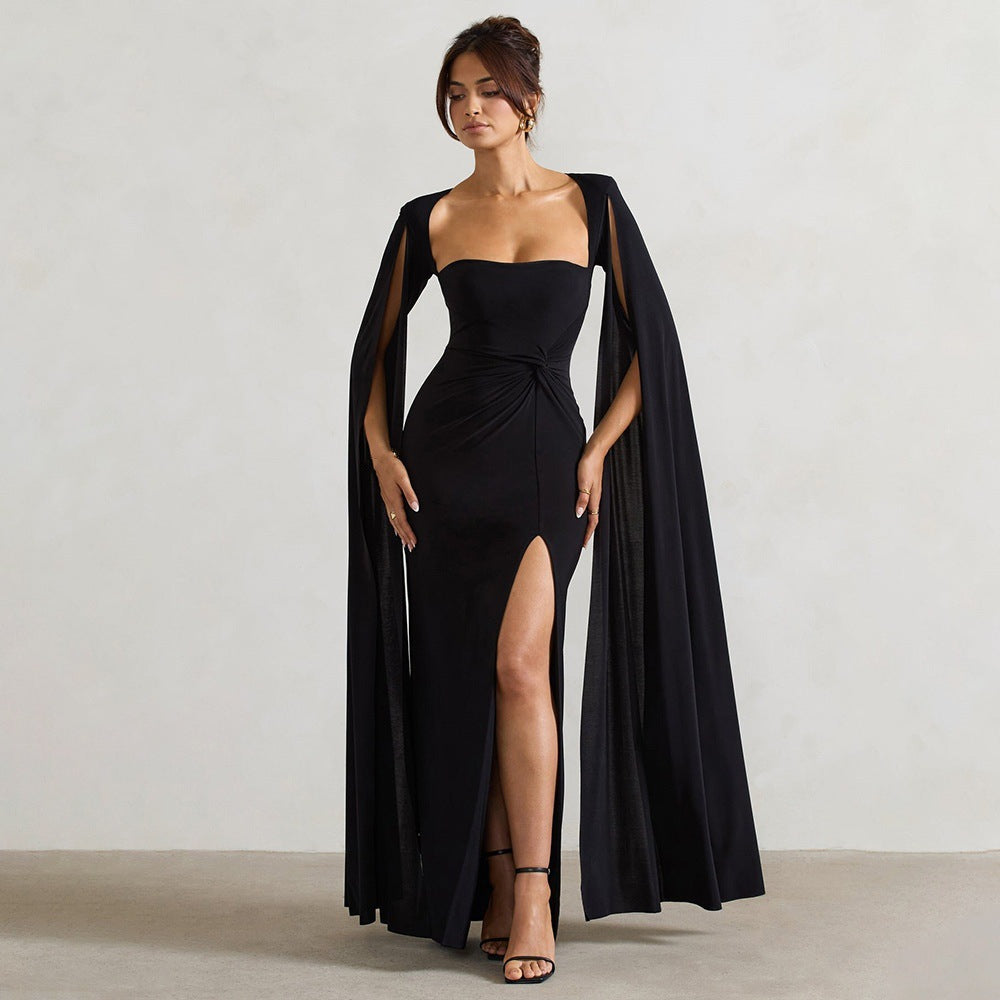 Damen Elegantes Maxikleid mit abnehmbarem Cape und seitlichem Schlitz EB