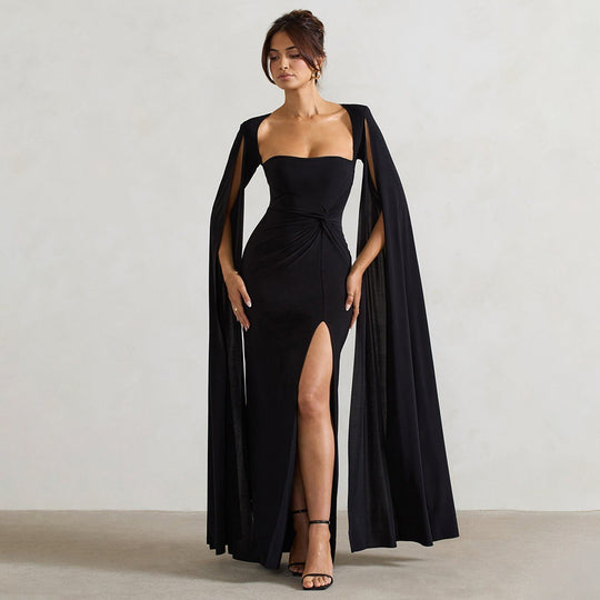 Damen Elegantes Maxikleid mit abnehmbarem Cape und seitlichem Schlitz EB