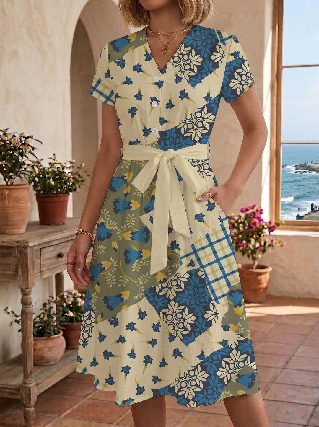 Damen Sommerliches Kleid mit taillierbarem Bindegürtel und floralem Muster EB