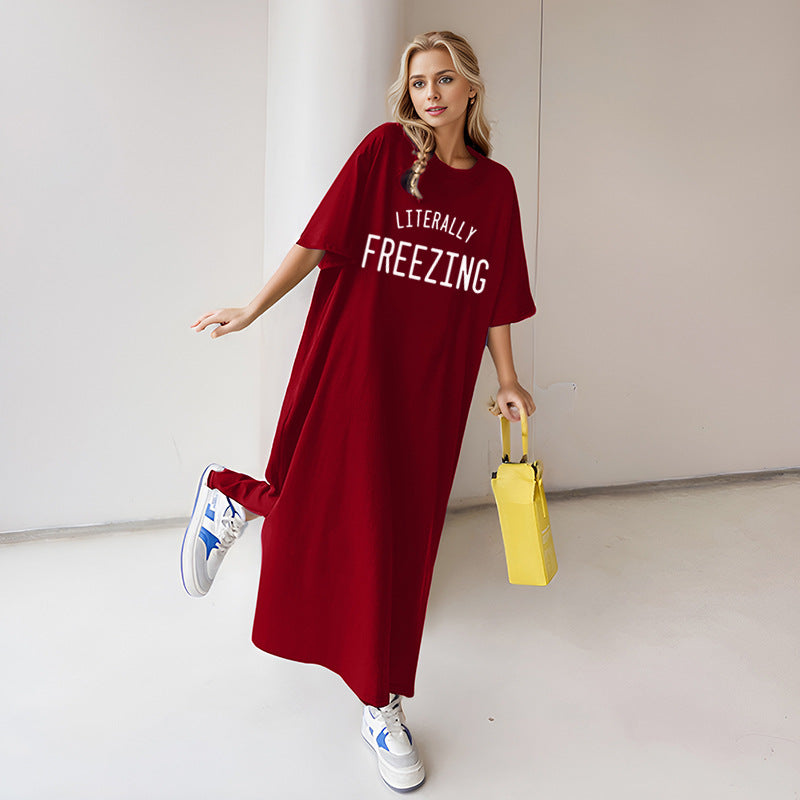 Damen nan lässiges Oversize Maxi-T-Shirt-Kleid mit Rundhals und Statement-Print EB
