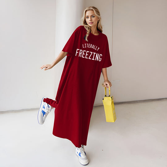 Damen nan lässiges Oversize Maxi-T-Shirt-Kleid mit Rundhals und Statement-Print EB