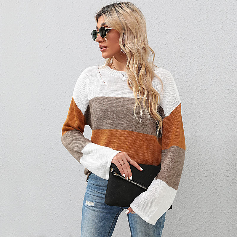 Damen lässiges Strickoberteil mit modischem Blockstreifen-Winterdesign EB