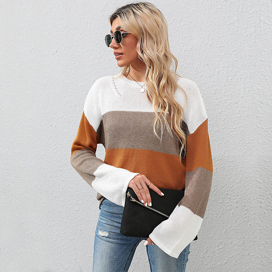 Damen lässiges Strickoberteil mit modischem Blockstreifen-Winterdesign EB
