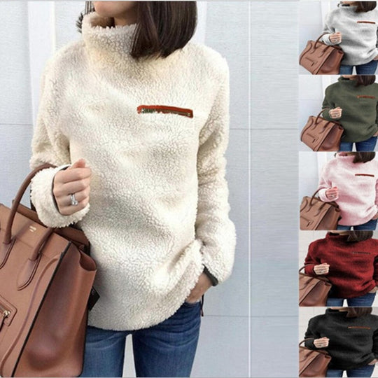 Damen nan kuscheliger Teddy-Fleecepullover mit Stehkragen und Brustreißverschluss EB
