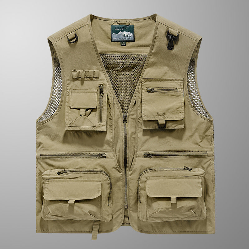 Herren multifunktionale Angler-Utility-Weste mit Mesh-Einsätzen, D‑Ringen und zahlreichen Reißverschluss- und Klappfächern EB