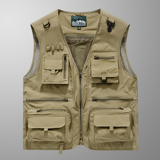 Herren multifunktionale Angler-Utility-Weste mit Mesh-Einsätzen, D‑Ringen und zahlreichen Reißverschluss- und Klappfächern EB