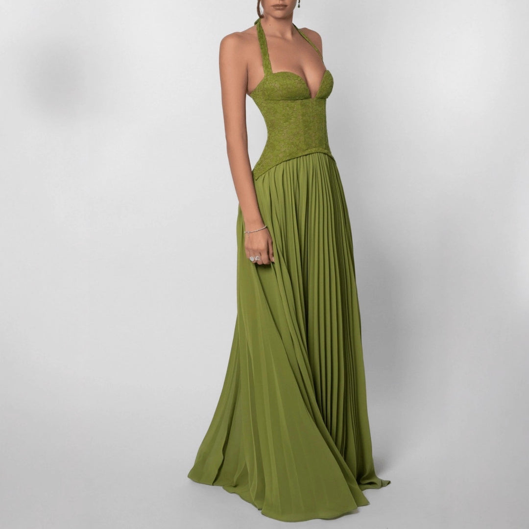 Damen nan Neckholder-Korsettkleid mit Spitzen-Corsage und fließendem Plisseerock EB