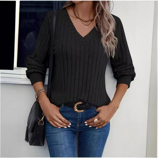 Damen Strickpullover mit V-Ausschnitt und dekorativen Rippdetails EB