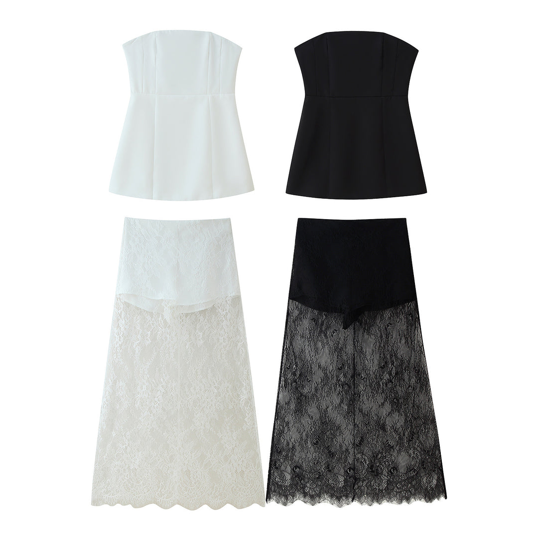 Damen Crop-Top und langer Spitzenrock Set EB