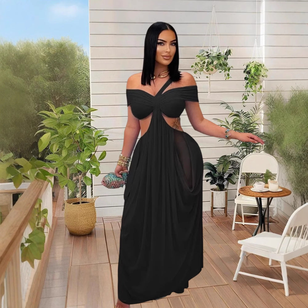 Damen Elegantes Maxikleid mit asymmetrischem Schnitt und schulterfreiem Design EB