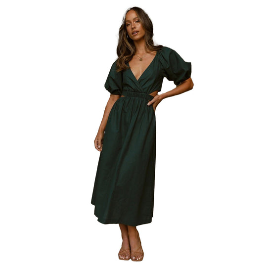 Damen Maxikleid mit elegantem V-Ausschnitt und puffärmeligen Details EB