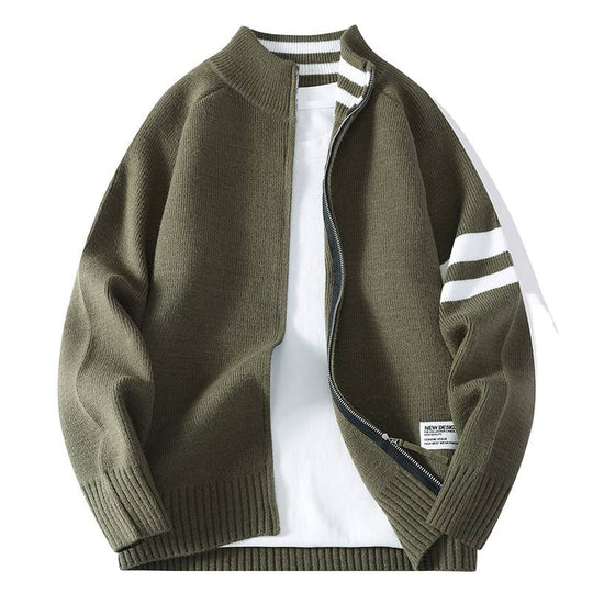 Herren nan gestrickte Zip-Cardigan im College-Stil mit gestreiftem Ärmelband und geripptem Stehkragen EB