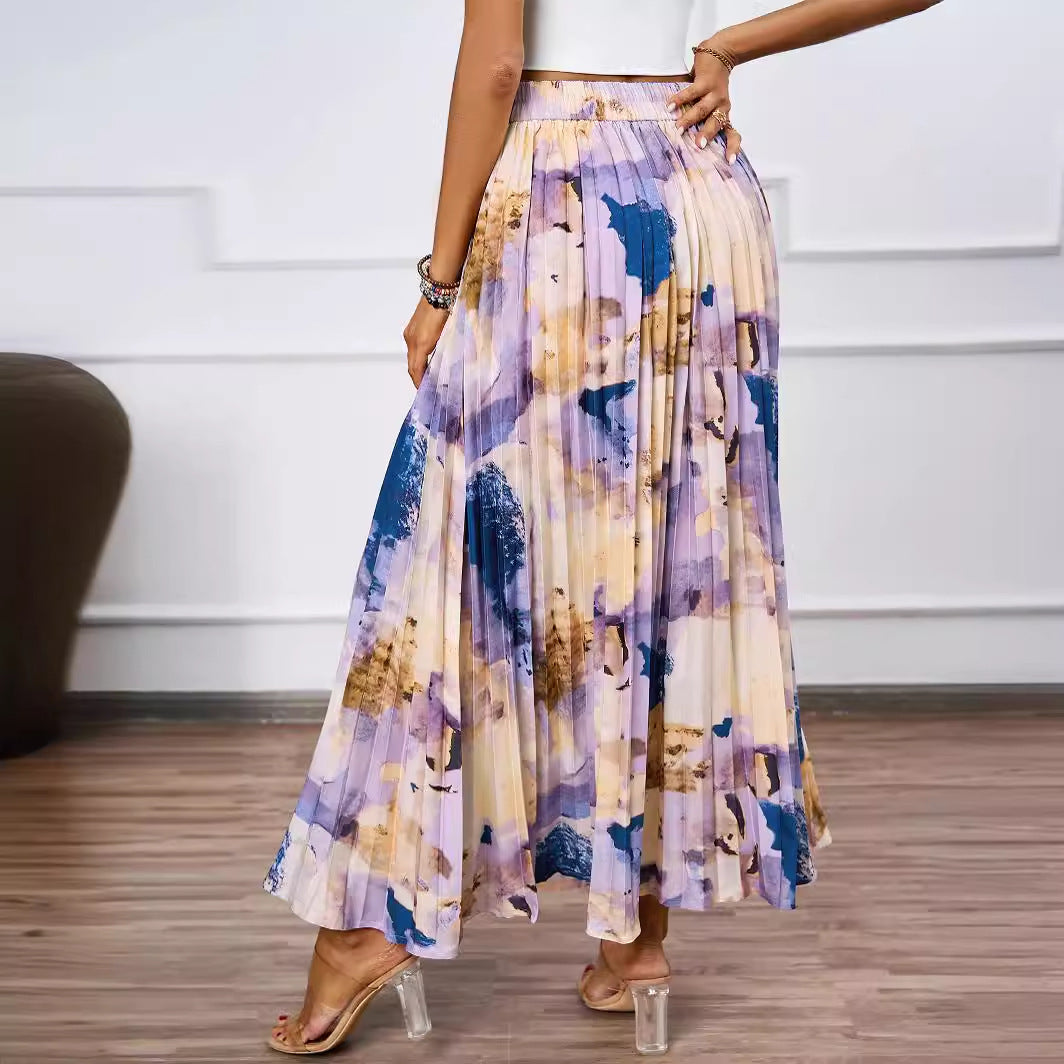 Damen Plissee-Rock mit farbenfrohem Aquarell-Muster und eleganter Taille EB