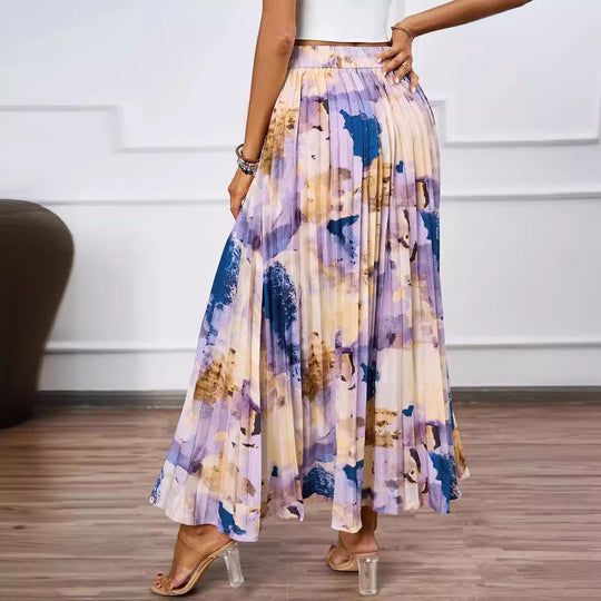 Damen Plissee-Rock mit farbenfrohem Aquarell-Muster und eleganter Taille EB