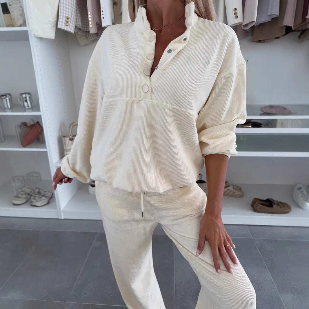 Damen Cord-Lounge-Set mit Henley-Kragen, Knopfleiste und weitem High-Waist-Hose EB