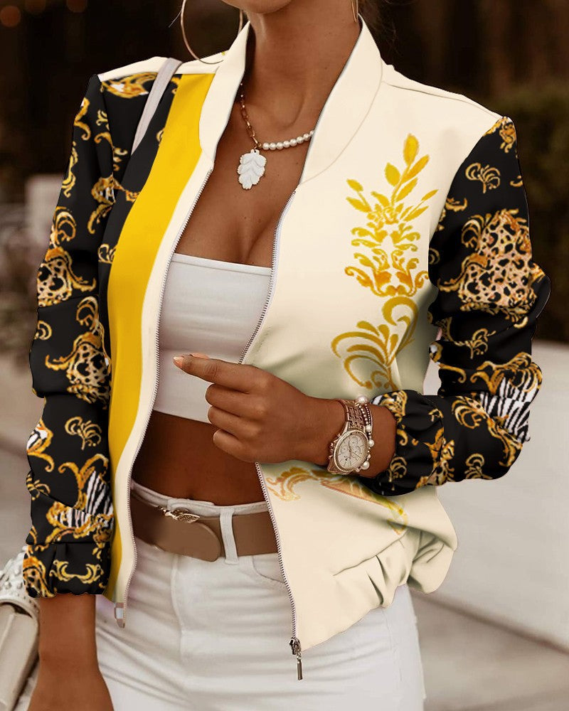 Damen Sportliche Bomberjacke mit Floralem Design und Kontrastierenden Ärmelakzenten EB