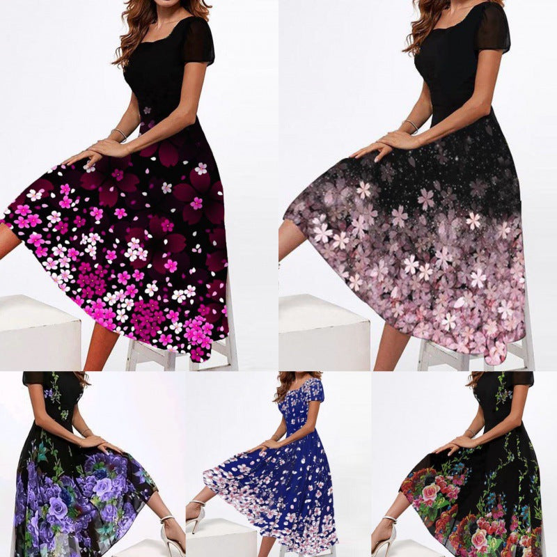 Damen Elegantes Midi-Kleid mit floralem Druck und schwingendem Saum EB