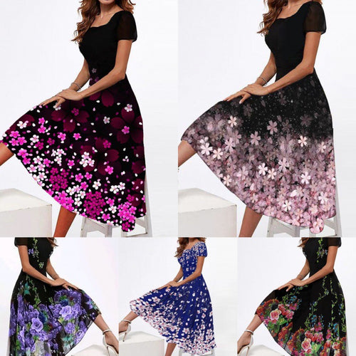 Damen Elegantes Midi-Kleid mit floralem Druck und schwingendem Saum EB
