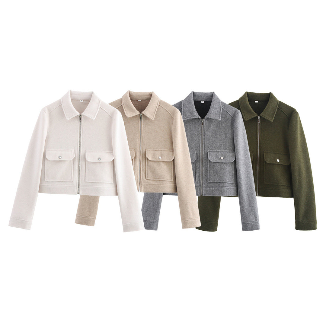 Damen kurze Fleecejacke mit stilvollen Brusttaschen und elegantem Kragen EB
