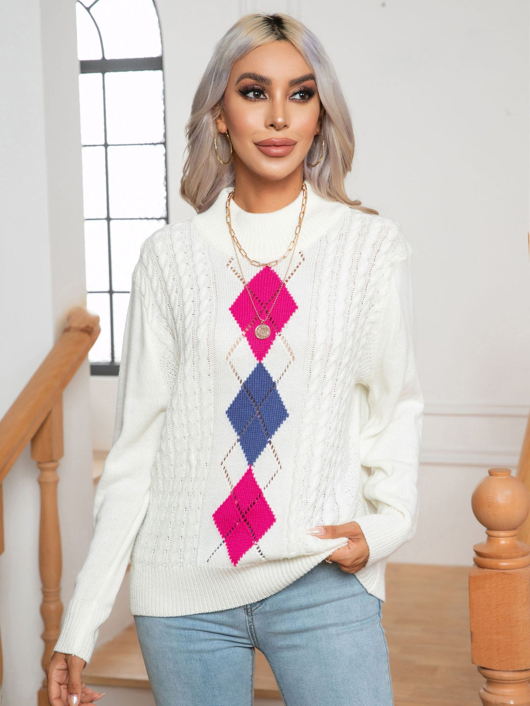 Damen Strickpullover mit modernem Rautenmuster und Zopfmuster EB