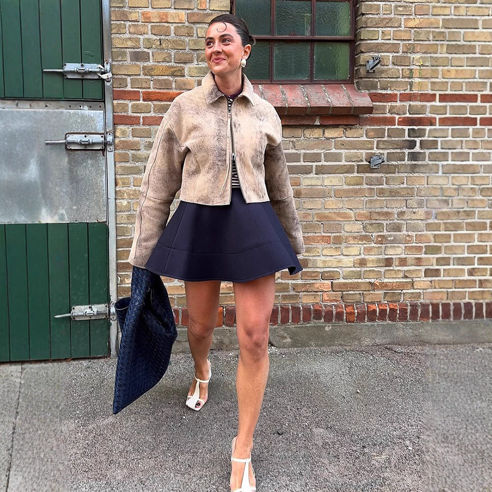 Damen modische Wildlederjacke mit voluminösen Ärmel EB