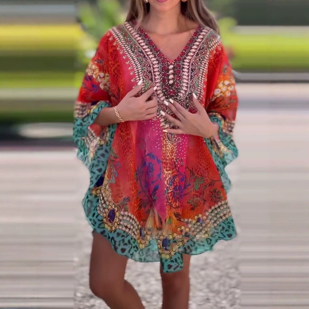 Damen nan kurzes Tunika-Kaftan mit verziertem V-Ausschnitt und floral-animalischer Bordüre EB