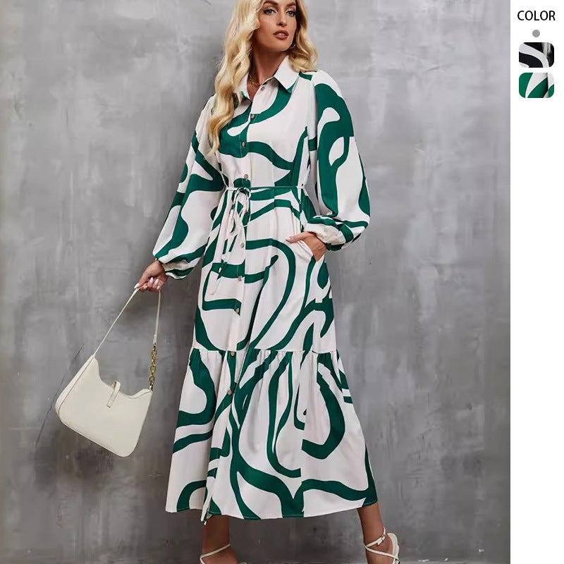 Damen Langarm Kleid mit raffiniertem Grafikdesign und elegantem Taillengürtel EB