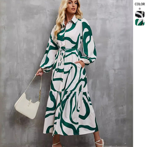 Damen Langarm Kleid mit raffiniertem Grafikdesign und elegantem Taillengürtel EB