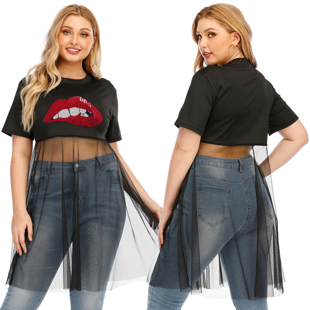 Damen modisches Crop-Top mit transparentem Überwurf und Glitzerbesatz EB