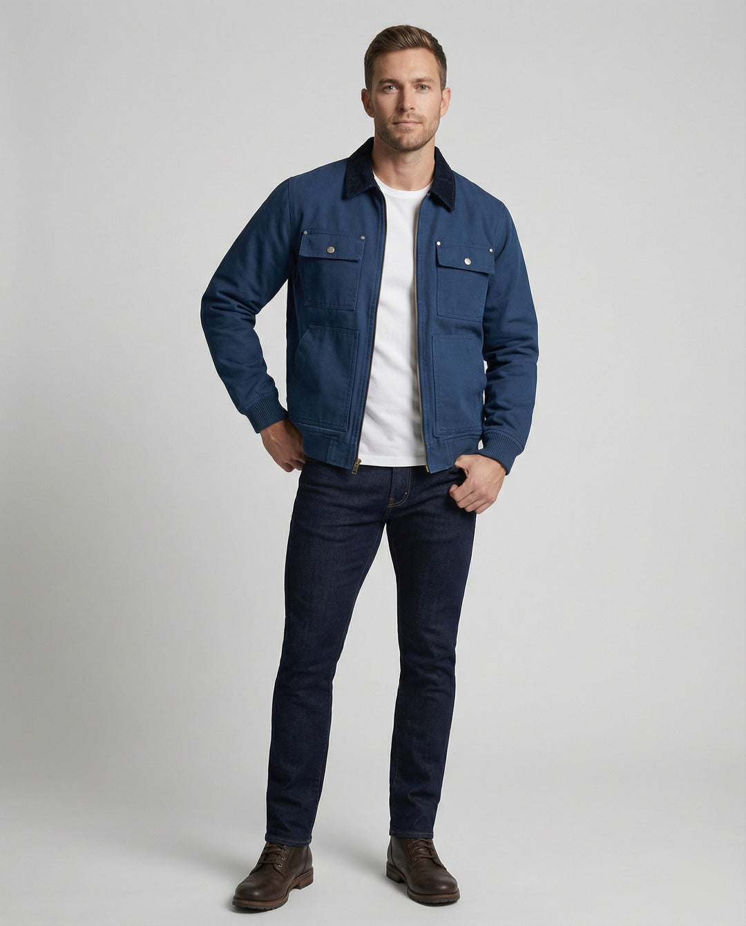 Herren robuste Worker-Jacke im Chore-Stil mit Cordkragen und aufgesetzten Pattentaschen EB