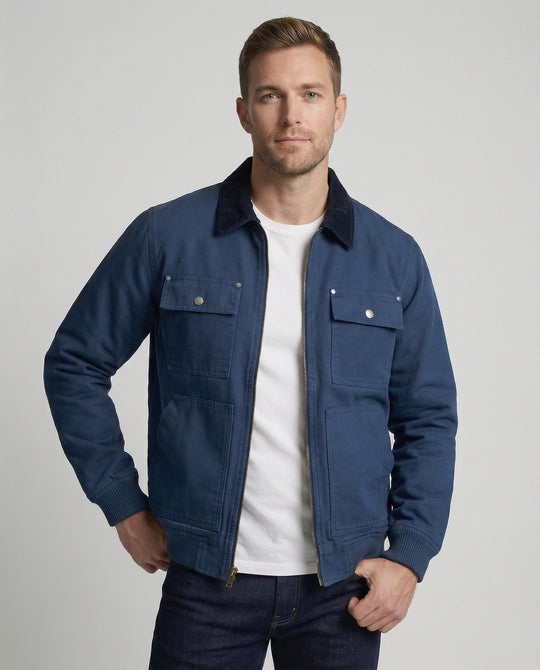 Herren robuste Worker-Jacke im Chore-Stil mit Cordkragen und aufgesetzten Pattentaschen EB