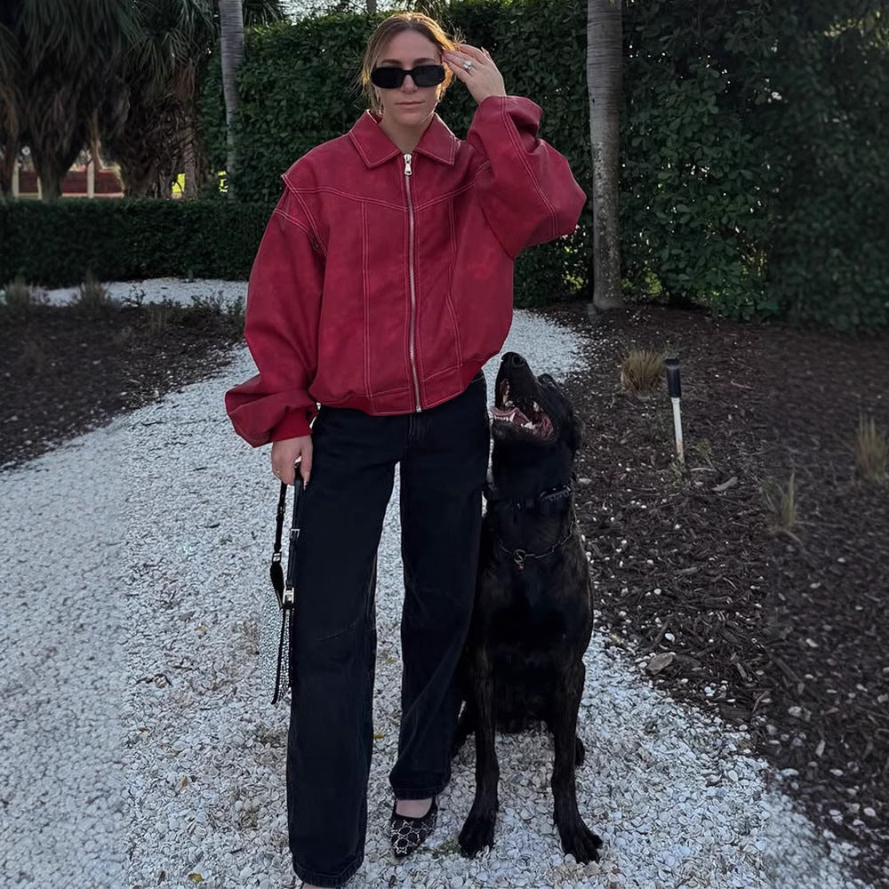 Damen Kunstlederjacke mit voluminösen Ärmeln und hohem Kragen EB