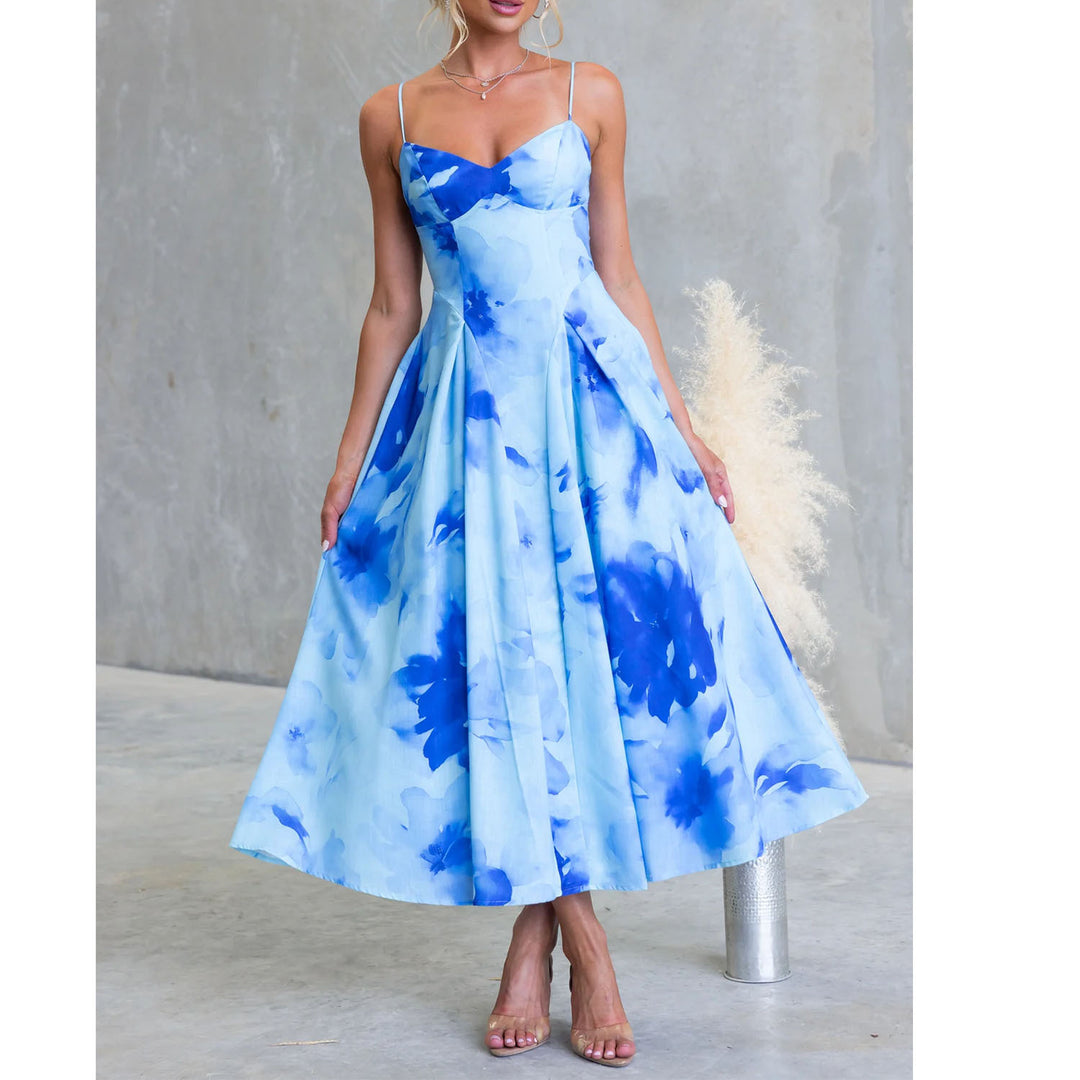 Damen Maxikleid mit zartem floralem Design und raffiniertem V-Ausschnitt EB