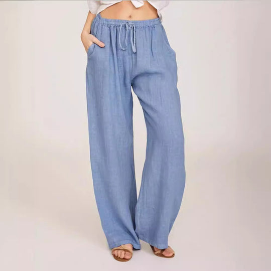 Damen nan luftige Palazzo-Hose mit Tunnelzugbund, elastischem Taillenabschluss und seitlichen Eingrifftaschen EB