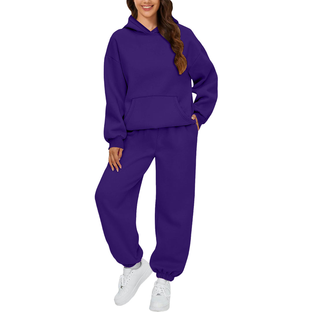 Damen nan gemütliches French-Terry Loungewear-Set mit doppellagiger Kapuze, Kängurutasche und elastischem Knöchel-Jogger EB
