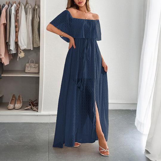 Damen Off-Shoulder Maxikleid mit feinem Punktedesign und Taillenbindung EB