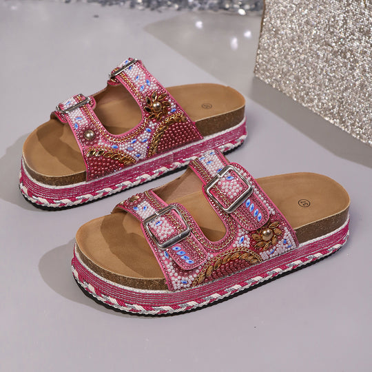 Damen Modische Riemensandalen mit kunstvollen Perlen-Details EB