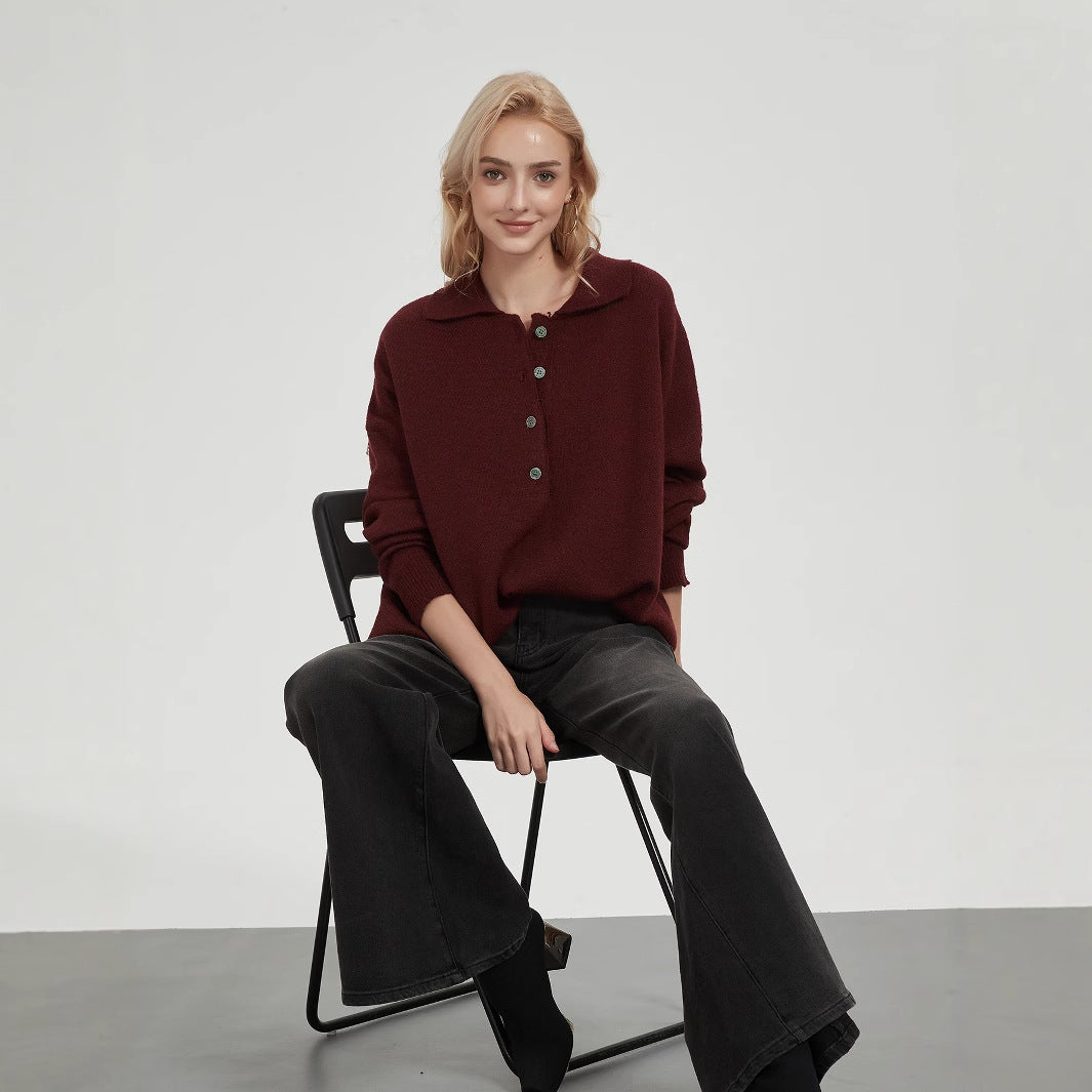 Damen Oversized Strickpullover mit elegantem Kragen und Knopfdetails EB